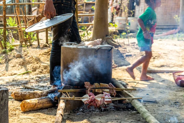 Bachong Nay Laos Avril 2018 Pot Lunch Viande Grillés Sur — Photo