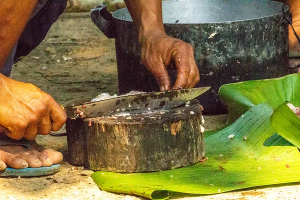 Bachong Nay,, Laos - 10 Nisan 2018: Son zamanlarda öldürülen bir domuz kesim ve Kuzey Laos uzak bir köyde bütün toplum için bir öğle yemeği hazırlarken bir insanın ayrıntı