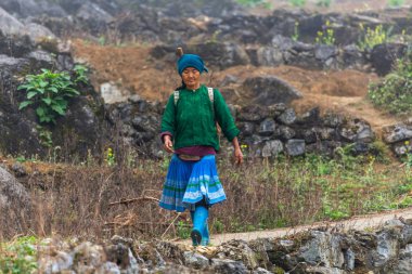 Ha Giang, Vietnam - 18 Mart 2018: Kuzey Vietnam dağlarında bir yolda yürürken Hmong etnik azınlık kadından