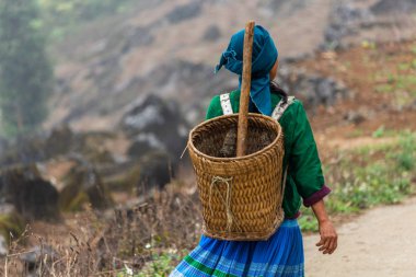 Ha Giang, Vietnam - 18 Mart 2018: Kuzey Vietnam dağlarında bir yolda yürürken Hmong etnik azınlık kadından