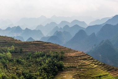 Ha Giang, Vietnam - 18 Mart 2018: çevrili tepeleri ve Vietnam sisli dağlar doğal pirinç terasları