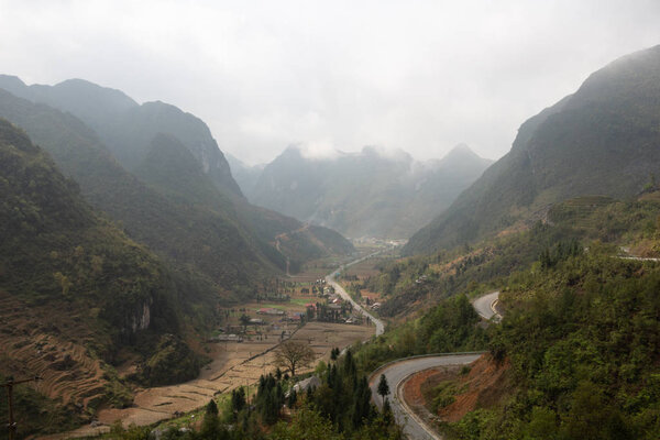 Ha Giang, Vietnam - March 18, 2018: Village in a remote rural area in the mountains of northern Vietnam