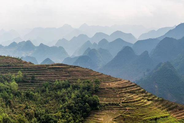 Ha Giang, Vietnam - 18 Mart 2018: çevrili tepeleri ve Vietnam sisli dağlar doğal pirinç terasları
