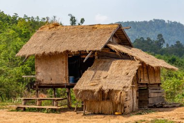 Thakhek, Laos - 20 Nisan 2018: Bambu ev uzak bir kırsal bölgede Laos yeşille çevrili