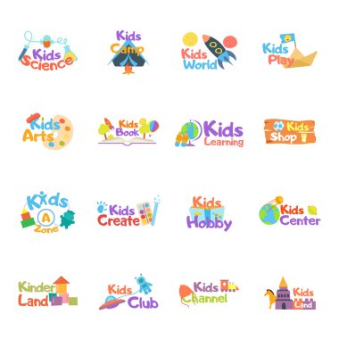 Çocukların logo vektör seti. Logo çocuk kulübü, arazi, oyun alanı, alan, hobi, sanat koleksiyonu. Renkli reklam tabelaları ve çocukların oyun alanı için yaratıcı fikirler. Çocuk logosunun vektör simgeleri ve sembolleri