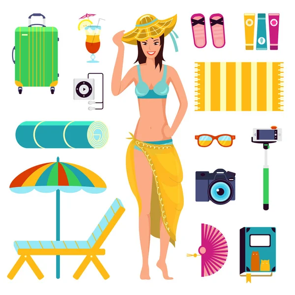 Preparándose para las vacaciones de verano en la playa, para las vacaciones. Una chica en traje de baño con elementos de descanso en la playa: sombrero, gafas de sol, chaise longue, cámara, selfie stick, libro, ventilador, maleta. Juego de ilustración vectorial . — Vector de stock