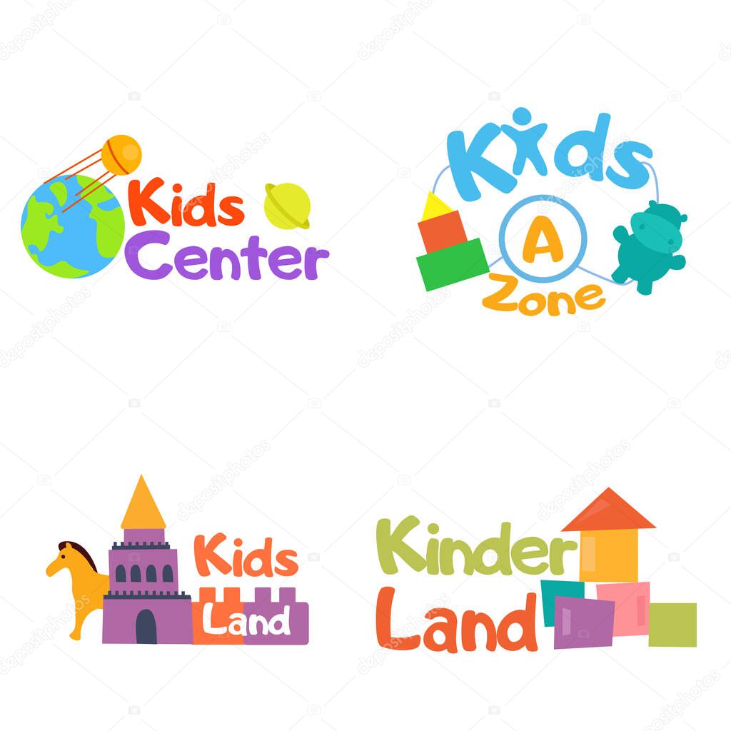 Kids logo vector set. Logo collection of kids club, land, playground, zone, hobby, arts. Colorful promo signs and creative idea for children playing space. Vector icons and symbols set of child logo