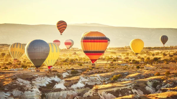 Hot air balloons landing early in the morning at Goreme, Cappadocia.