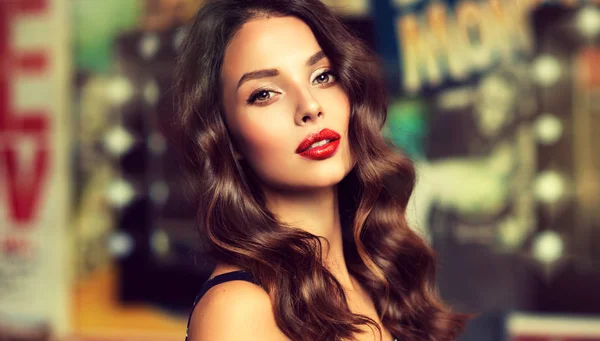 Beautiful Girl Long Curly Hair Red Lipstick Her Lips Retro — Stock Photo, Image