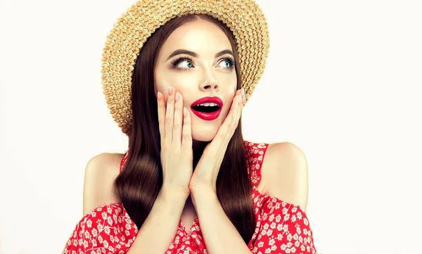 Shocked Surprised Girl Screaming Covering Mouth Her Hands Woman Straw — Stock Photo, Image