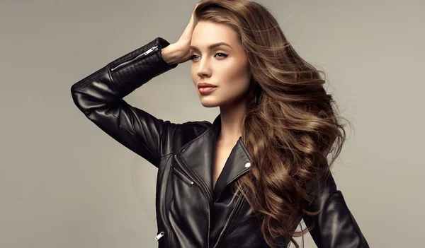 Beautiful Stylish Woman Wearing Black Leather Jacket Beautiful Stylish Woman — Stock Photo, Image
