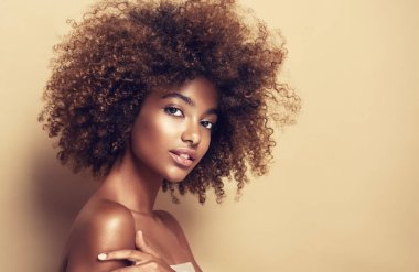 Afro saçlı Afrikalı Amerikalı bir kadının güzel portresi.