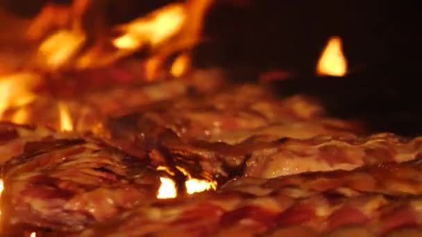 Cocinar carne de res y cerdo. Carne asada a fuego barbacoa kebabs en la parrilla. Comida callejera, de cerca . — Vídeo de stock