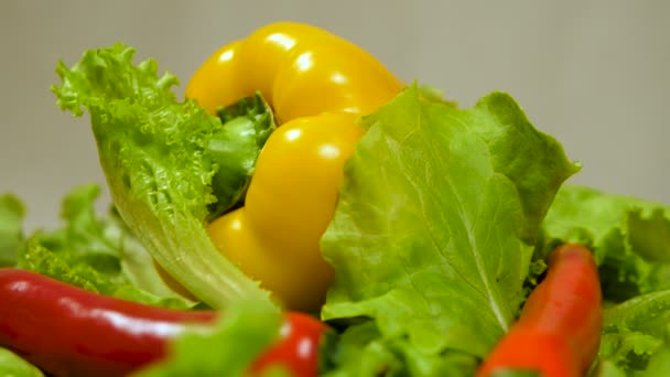 Verduras orgánicas frescas girando sobre mesa de madera. Pimienta, ensalada — Vídeo de stock