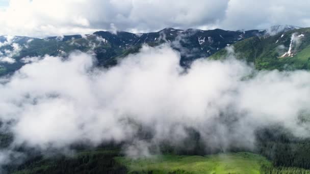 Vliegen door de wolken boven de bergtoppen. Hoge toppen met bos, prachtig natuurlijk landschap — Stockvideo