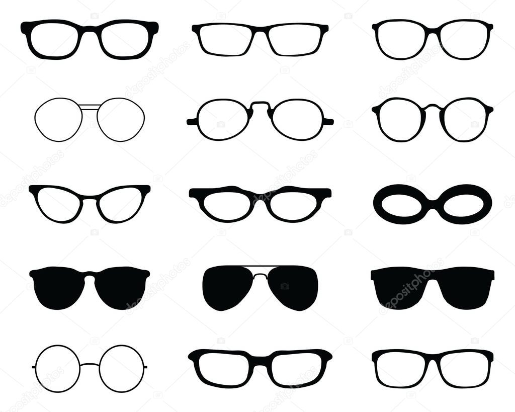Black silhouettes of different eyeglasses on a white background