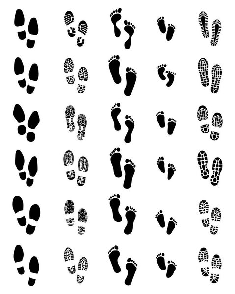 Black prints of shoes and human feet on a white background