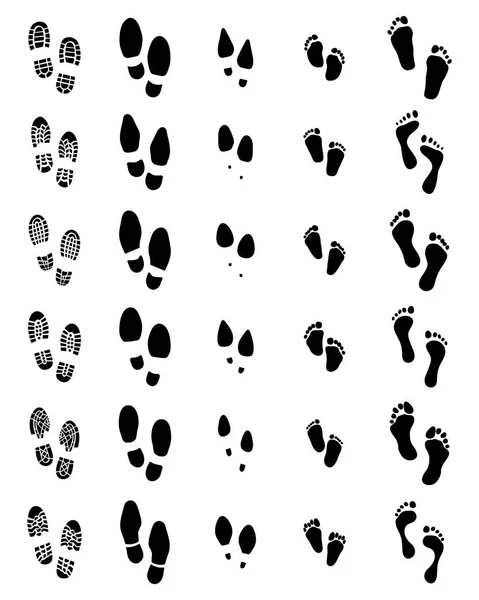 Schwarze Abdrücke Von Schuhen Und Menschlichen Füßen Auf Weißem Hintergrund — Stockvektor