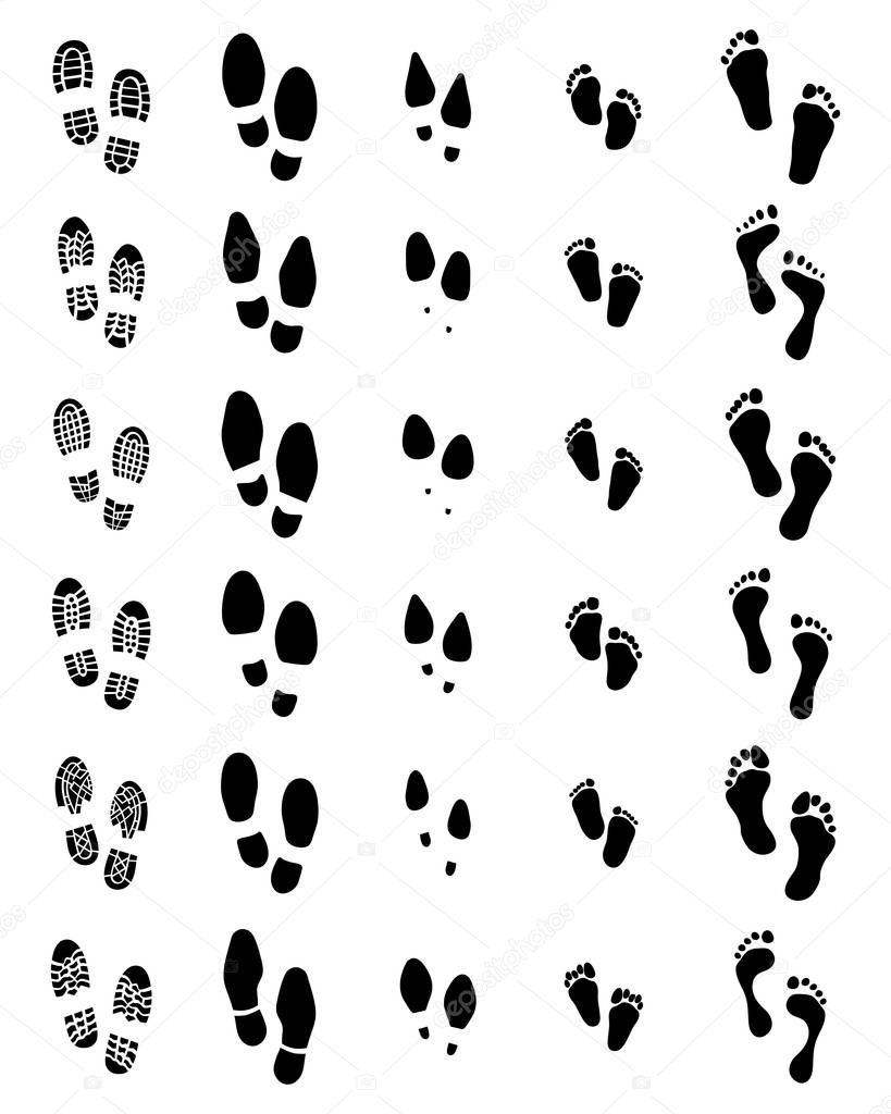 Black prints of shoes and human feet on a white background