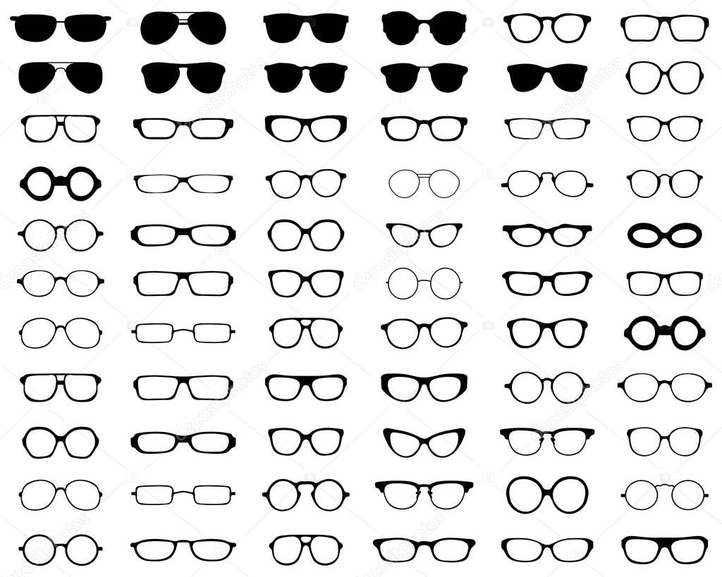 Black silhouettes of different eyeglasses on a white background