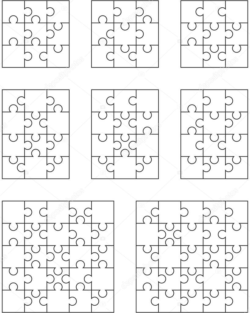 Vector illustration of eight different white puzzles, separate pieces