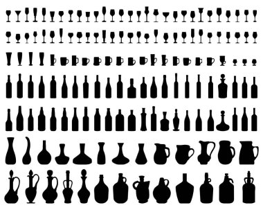 Kase, şişe ve bardak beyaz bir arka plan üzerinde siluetleri