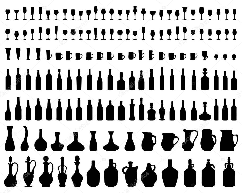 Silhouettes of bowls, bottles and glasses on a white background