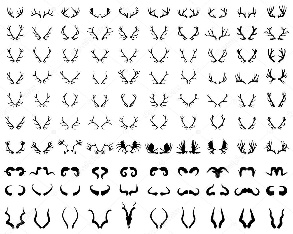 Black silhouettes of different horns on a white background