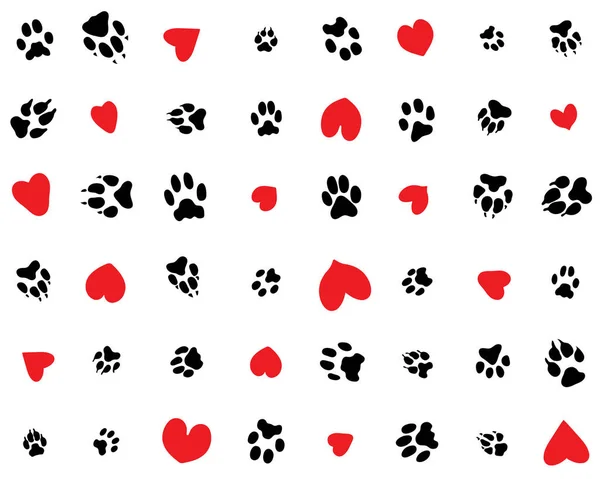 Beyaz bir arka planda köpek pençelerinin ve kalplerin kusursuz izi.