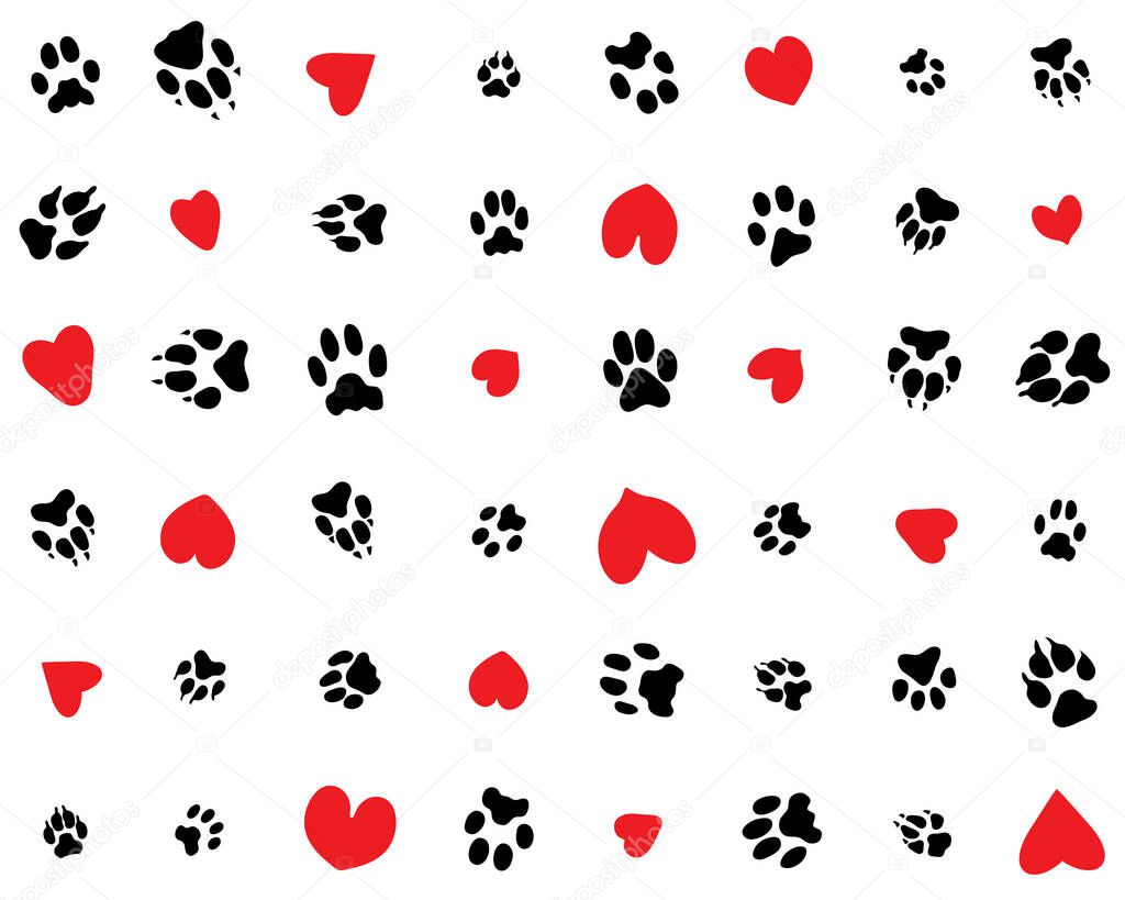 Seamless pattern of print of dogs paws and hearts on a white background