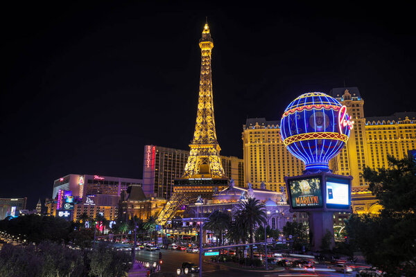 Las Vegas, Nevada - May 27, 2018 : Facade of Paris Las Vegas hotel and Casino at night in Las Vegas strip