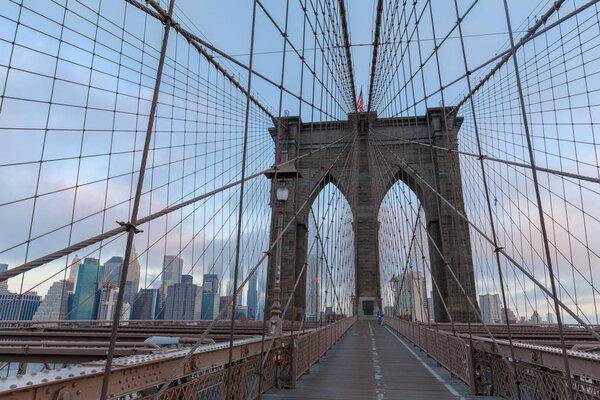 Manhattan, New York City - May 10, 2018 : The Brooklyn Bridge with New York skyline