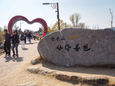 Gurye, Güney Kore - 26 Mart 2018: Sansuyu işareti Tema Parkı Cornus officinalis çiçek Festivali Gurye seviyorum