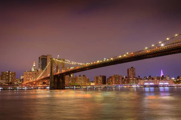 Brooklyn Bridge Över Hudsonfloden New York Vid Solnedgången — Stockfoto