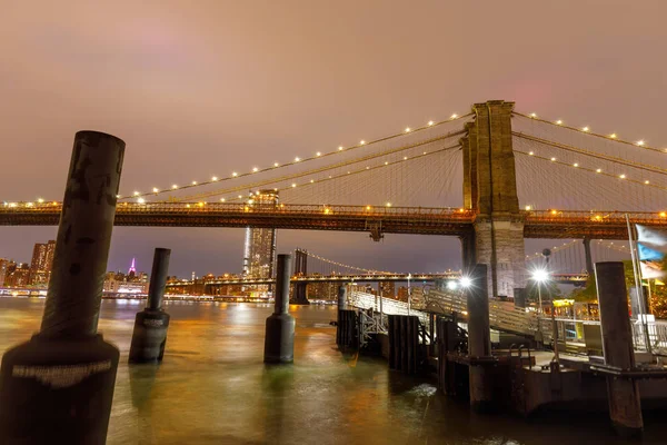 Brooklyn Bridge Över Hudsonfloden New York Vid Solnedgången — Stockfoto