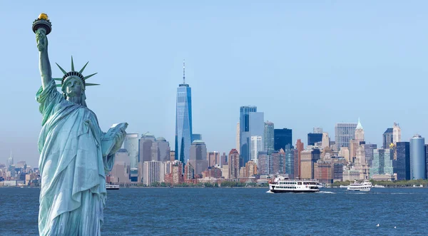 Άγαλμα Της Ελευθερίας Φόντο World Trade Center Αξιοθέατα Της Νέας — Φωτογραφία Αρχείου