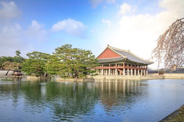 Gyeongbokgung Sarayı bahar zaman kiraz çiçeği ağacında Seoul City ile