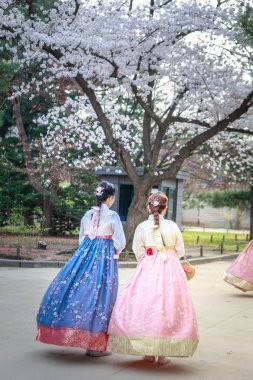 Seoul, Güney Kore - 6 Nisan 2018: Asyalı Koreli kadın Hanbok Gyeongbokgung Sarayı yürüme geleneksel kıyafet giymiş