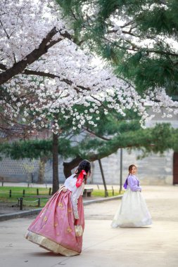 Seoul, Güney Kore - 6 Nisan 2018: Asyalı Koreli kadın Hanbok Gyeongbokgung Sarayı yürüme geleneksel kıyafet giymiş
