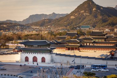 Gyeongbok Sarayı ve mavi ev Seoul City, Kore Cumhuriyeti Hava görünümünü