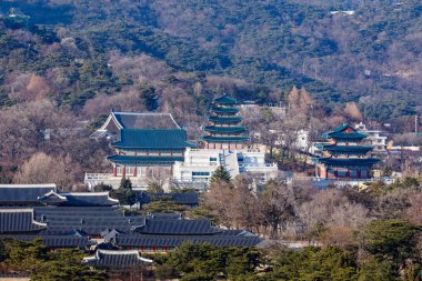 Gyeongbok Sarayı ve mavi ev Seoul City, Kore Cumhuriyeti Hava görünümünü