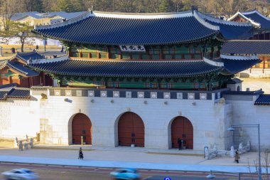Gyeongbok Sarayı ve mavi ev Seoul City, Kore Cumhuriyeti Hava görünümünü