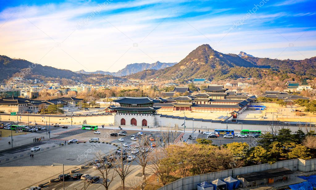 Aerial view of Gyeongbok palace and the Blue House in Seoul city, South Korea