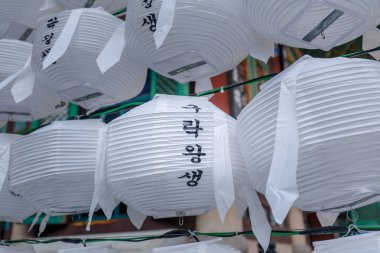 Jogyesa Budist tapınağında asılı kağıt fenerler, Seul, Güney Kore. Fenerlerdeki harf 