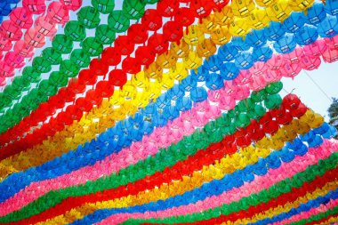 Seoul, South Korea - March 6, 2018 : Paper lanterns hanging at Jogyesa Buddhist temple. Letter on lanterns means 'Buddhist heaven'
