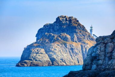 Busan, Güney Kore - 14 Mart 2018: Oryukdo sahne gökyüzü yürüyüş Busan City