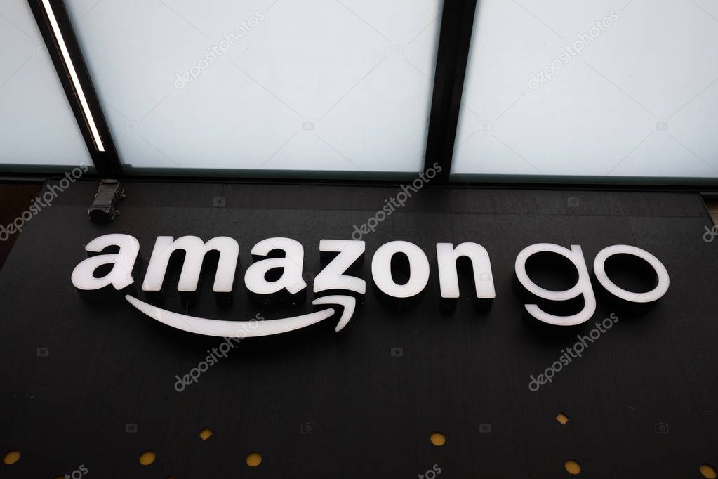 Seattle, Washington - June 30, 2018 : Close up on the Amazon Go store sign at the downtown Seattle Amazon headquarters