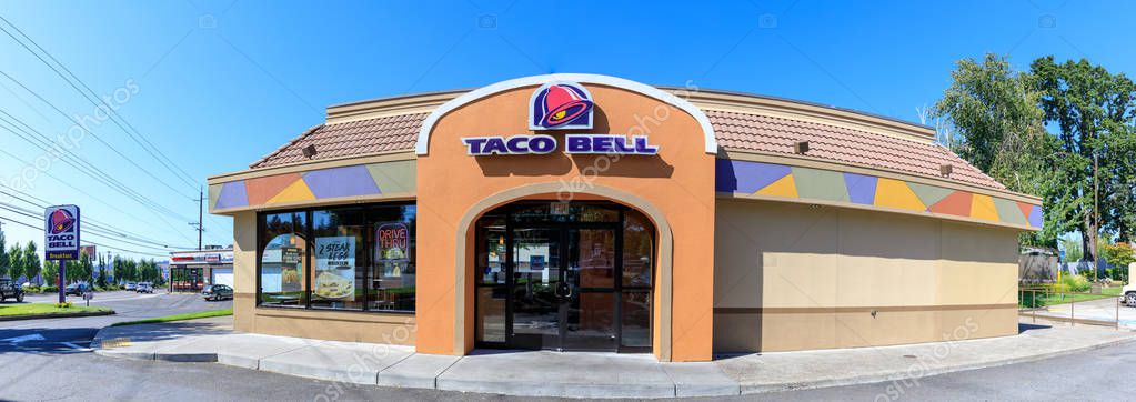 Portland, Oregon - Sep 3, 2018 : Exterior of Taco Bell fast-food restaurant with sign and logo.