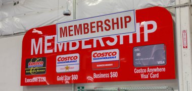 Portland, Oregon - Sep 8, 2018 : Costco Wholesale Membership Sign. Costco Wholesale Corporation is largest membership-only warehouse club in US. clipart