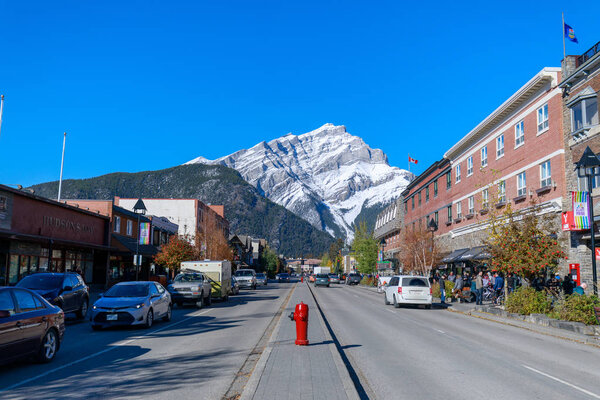 Alberta, Canada - October 7, 2018 : Downtown Banff with Cascade Mountain at Banff National Park
